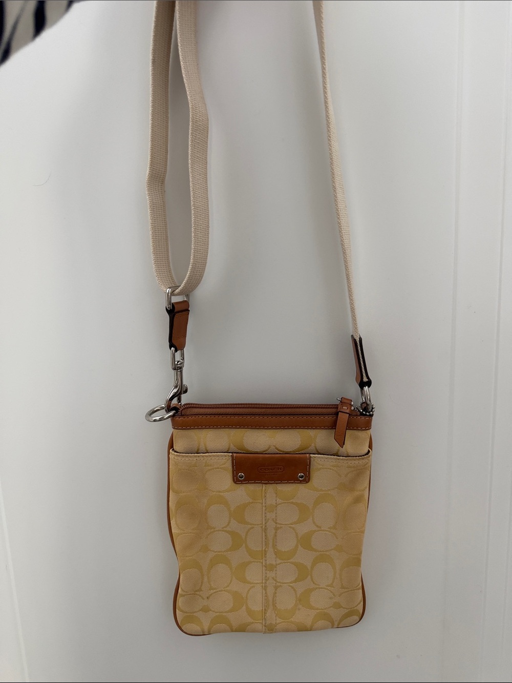 Coach Beige Signature Canvas Crossbody with Tan Leather